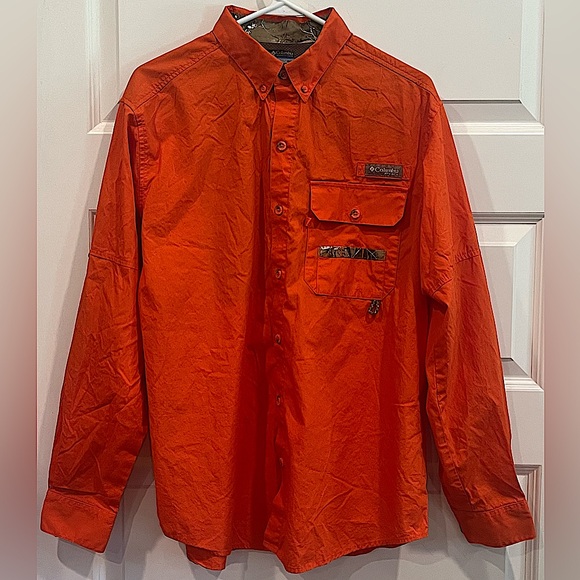Men’s Columbia PFG Shirt Burnt Orange Camo Vented Long Sleeve Outdoor Size M - Picture 1 of 4